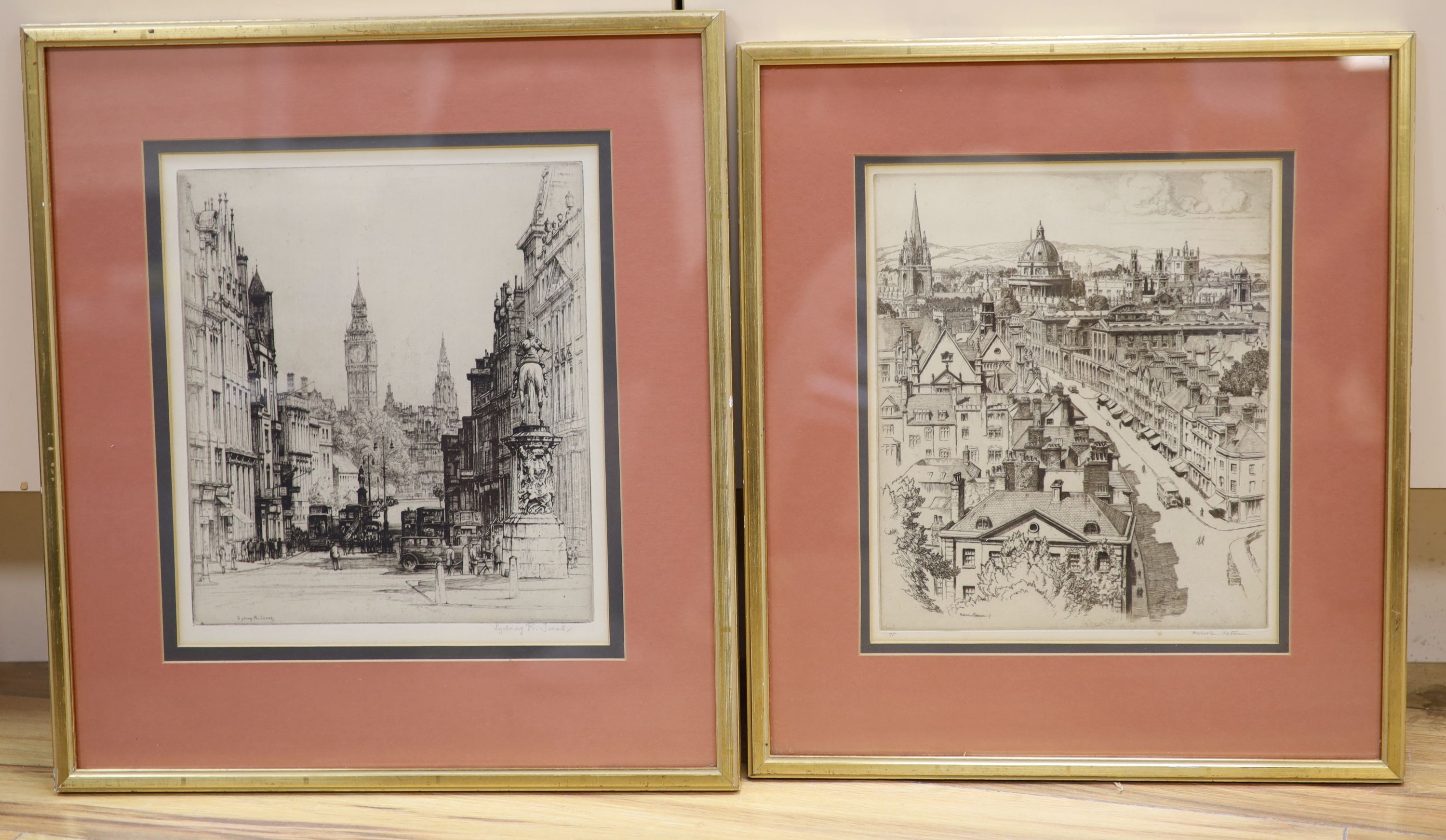 Two framed etchings 1920's of London by George Malcolm Patterson (1873-1941) and Sydney R Jones (1881-1966), largest 25 x 22cm.